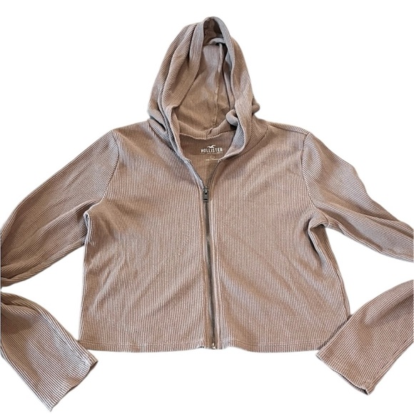 Hollister Taupe Waffle Hoodie Jacket. Lightweight. Large. Shorter. New. Full zip - Picture 1 of 4